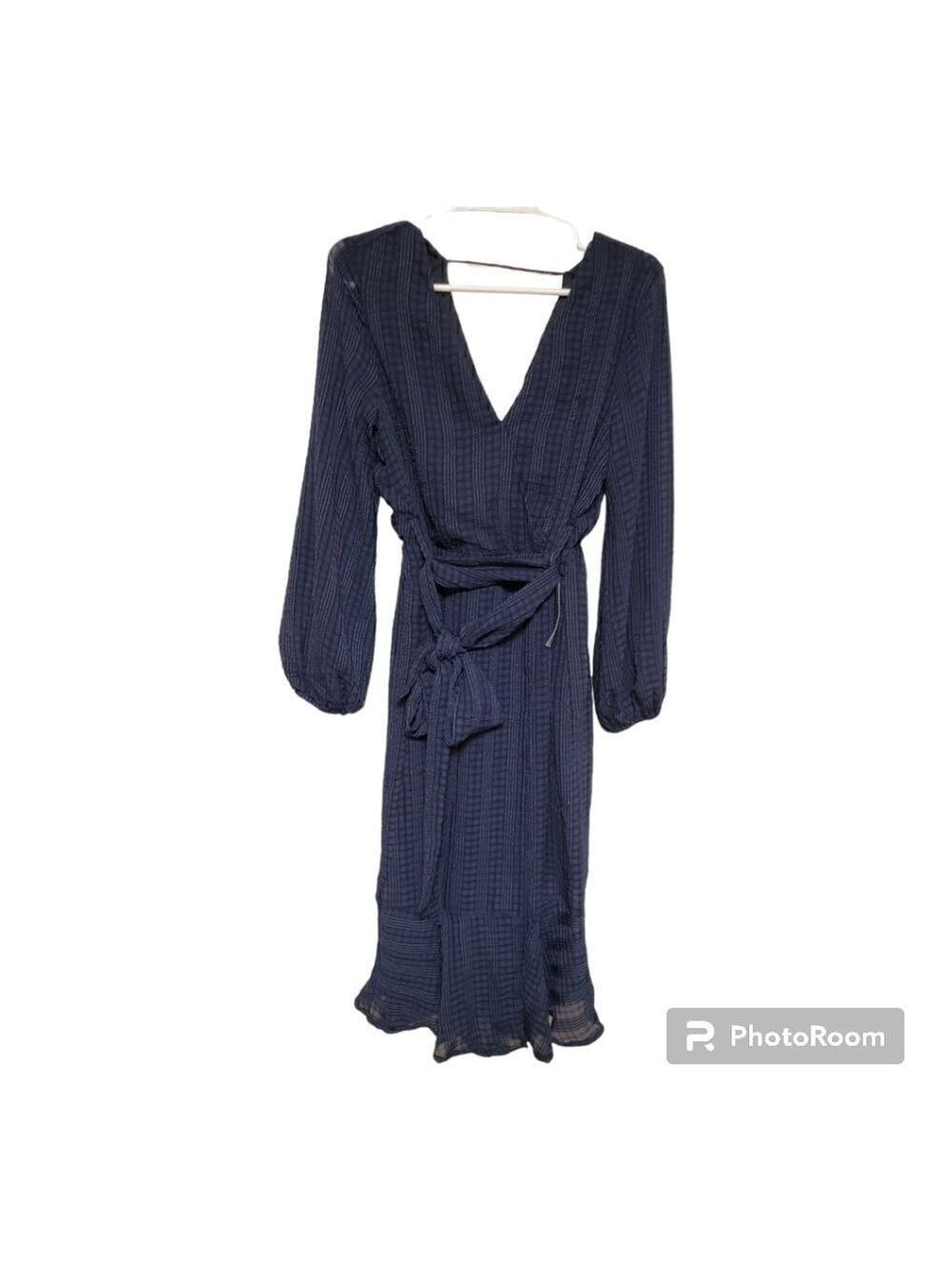 NSR Navy Faux Wrap Textured Midi Dress Small NWOT